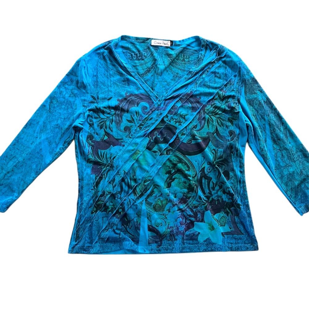 Gracie Pearls Blue Graphic Top - Women's 1X - Abstract Floral